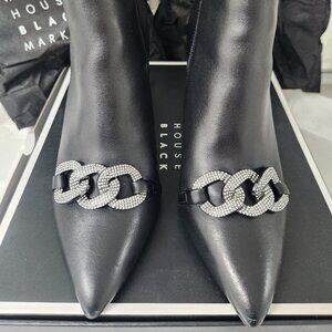 WHBM Avery Chain Black Leather Booties Size 8.5 Hematite Detail Stiletto Heel